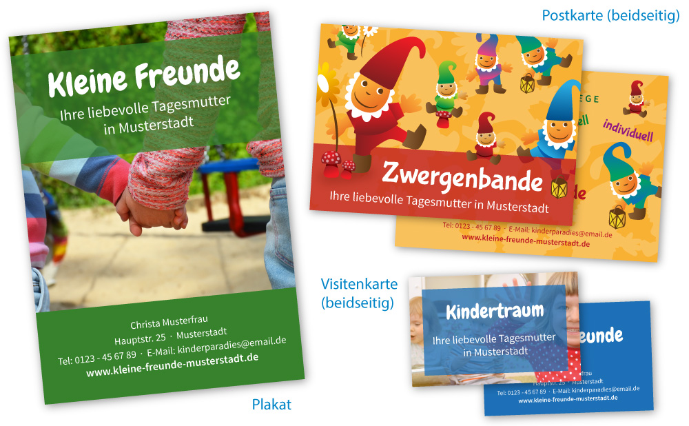 Verschiedene Drucksachen, wie zum Beispiel Visitenkarten, Flyer und Plakate Abbildung Visitenkarten, Flyer und Plakate